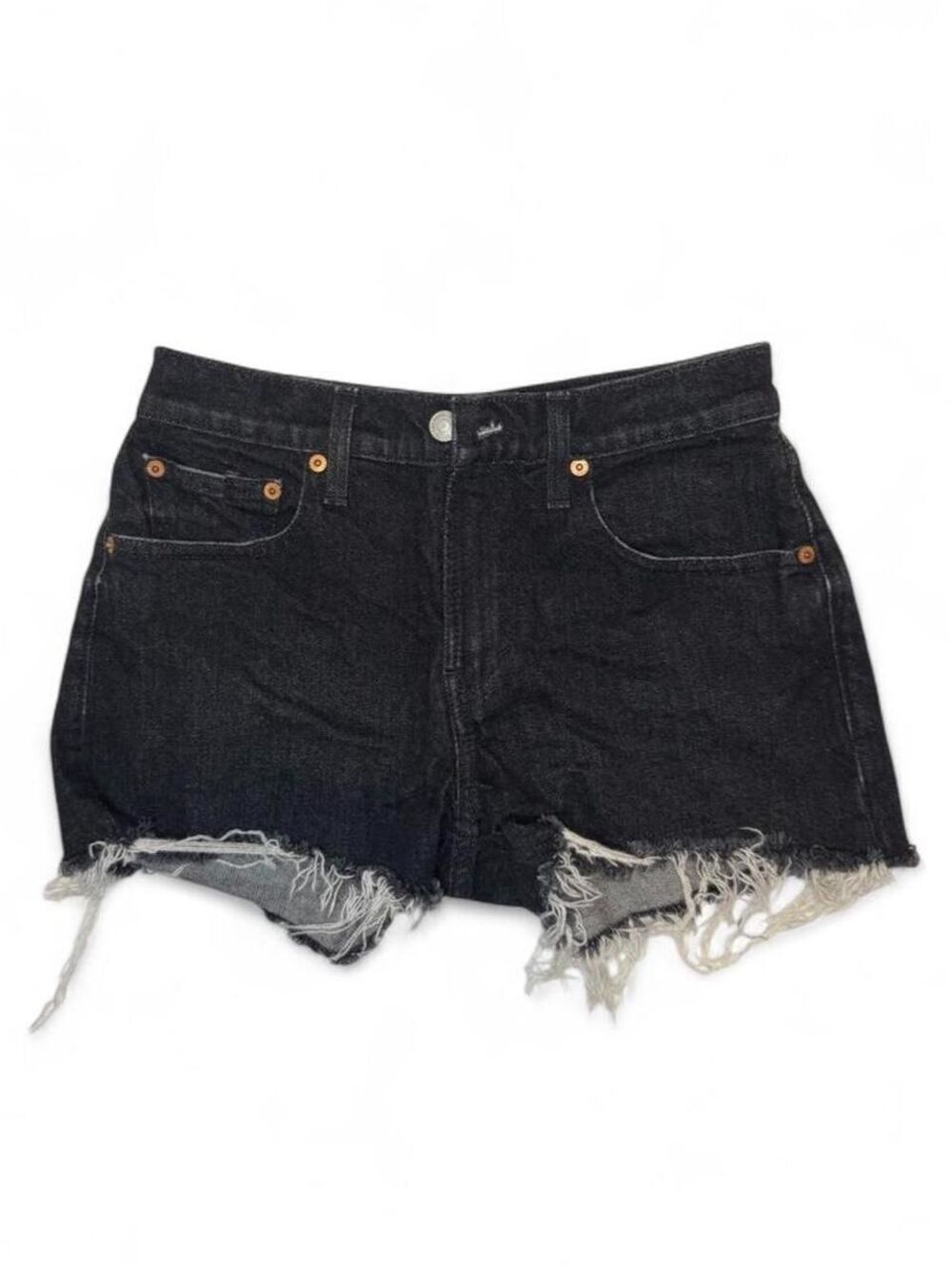 American Rugged Streetwear 90s Mid Rise Black Denim Distressed Shorts Size 00/24